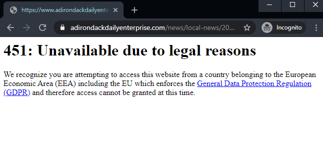 Example of a 451 HTTP response shown to EU website users
