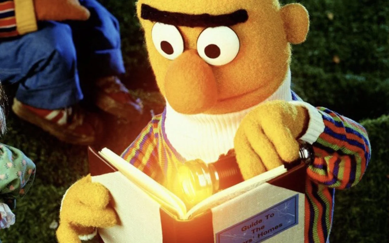 Bert from Sesame Street reading a book