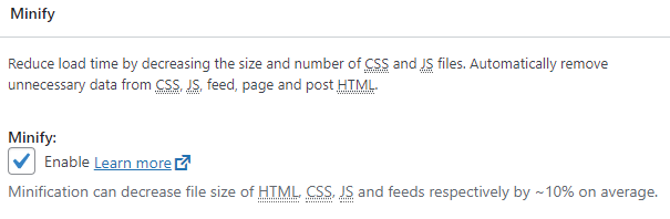 Minification option enabled in the W3TC settings