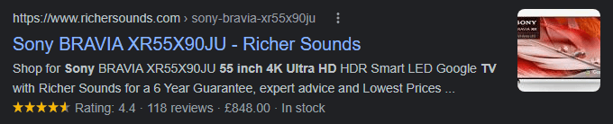 Product rich snippet example in Google desktop search