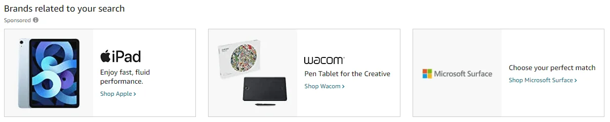 Amazon sponsored brand ads for a tablet search