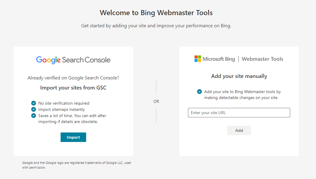 Bing Webmaster Tools verifation options page